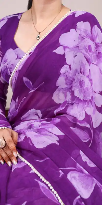 YNF 7011 Purple Color Chiffon Foral Printed Pearl Lace Border Saree Casual, Wedding, Festive, Events . Expected Delivery  4-6 Working Days @1499/- only                                                                                | Sarees, Bollywood Sarees, Creative Sarees, Designer Sarees, Embroidered Sarees, Ethnic Saree, Modern Digital sarees, Party Wear Sarees