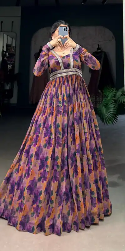 YNF 5019 Purple Color Georgette Floral print with Lace Border Gown Casual, Wedding, Festive, Events . Expected Delivery  4-6 Working Days @1799/- only      | Gowns, Bollywood Gowns, Creative Gowns, Designer Gowns, Embroidered Gowns, Party Wear Gowns