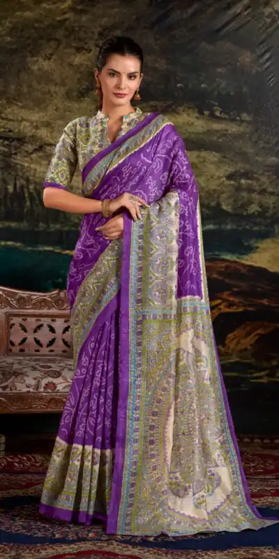 YNF 7209 purple Color Green Silk Fusion Print Madhubani Bandhej Saree Casual, Wedding, Festive, Events . Expected Delivery  4-6 Working Days @1499/- only                                                                                | Sarees, Bollywood Sarees, Creative Sarees, Designer Sarees, Embroidered Sarees, Ethnic Saree, Modern Digital sarees, Party Wear Sarees