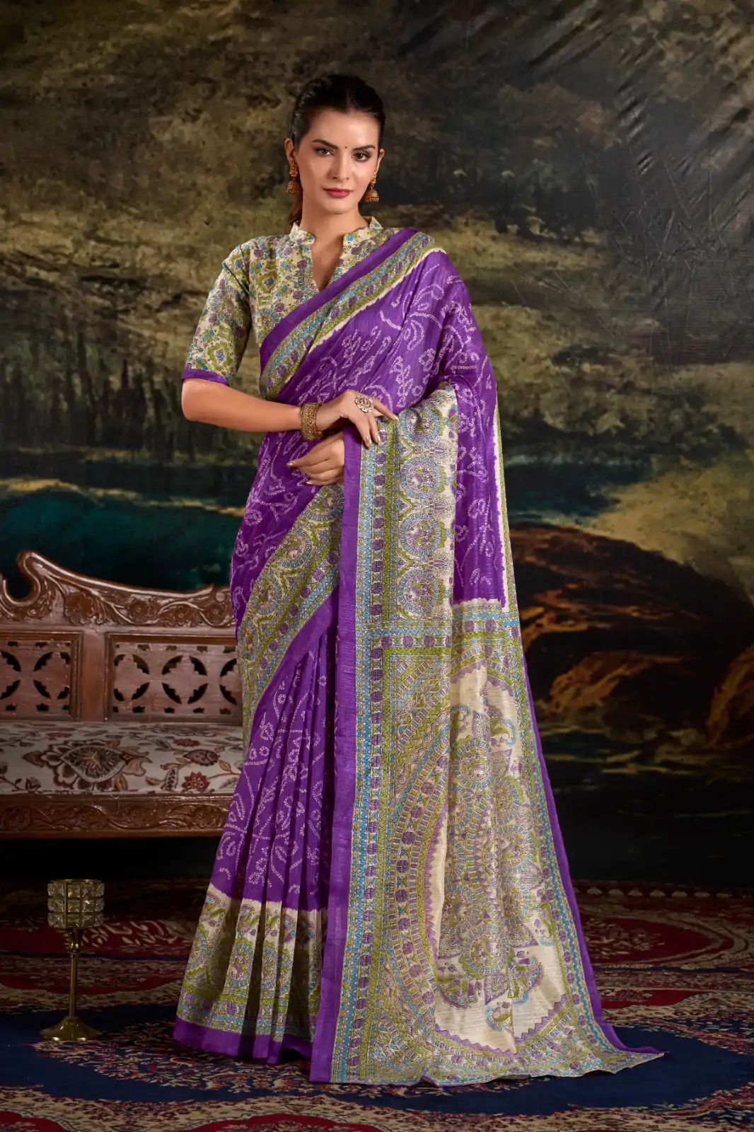 YNF 7209 purple Color Green Silk Fusion Print Madhubani Bandhej Saree Casual, Wedding, Festive, Events . Expected Delivery  4-6 Working Days @1499/- only                                                                                | Sarees, Bollywood Sarees, Creative Sarees, Designer Sarees, Embroidered Sarees, Ethnic Saree, Modern Digital sarees, Party Wear Sarees