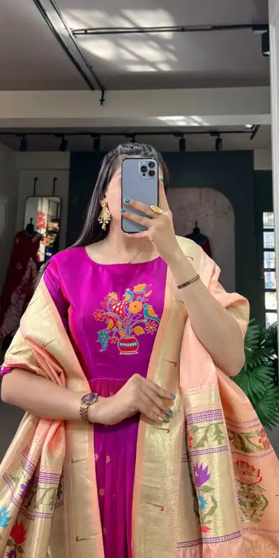 YNF 5302 Purple Color Jacquard Silk Paithani Designer Gown Casual, Wedding Festive, Events, Designer Party Wear Expected Delivery 4-6 Working Days @2549 | Gowns, Bollywood Gowns, Creative Gowns, Designer Gowns, Embroidered Gowns, Party Wear Gowns