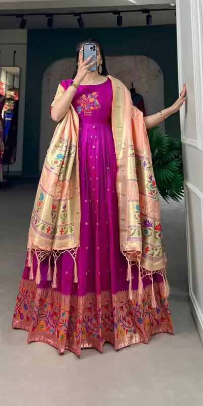 YNF 5302 Purple Color Jacquard Silk Paithani Designer Gown Casual, Wedding Festive, Events, Designer Party Wear Expected Delivery 4-6 Working Days @2549 | Gowns, Bollywood Gowns, Creative Gowns, Designer Gowns, Embroidered Gowns, Party Wear Gowns