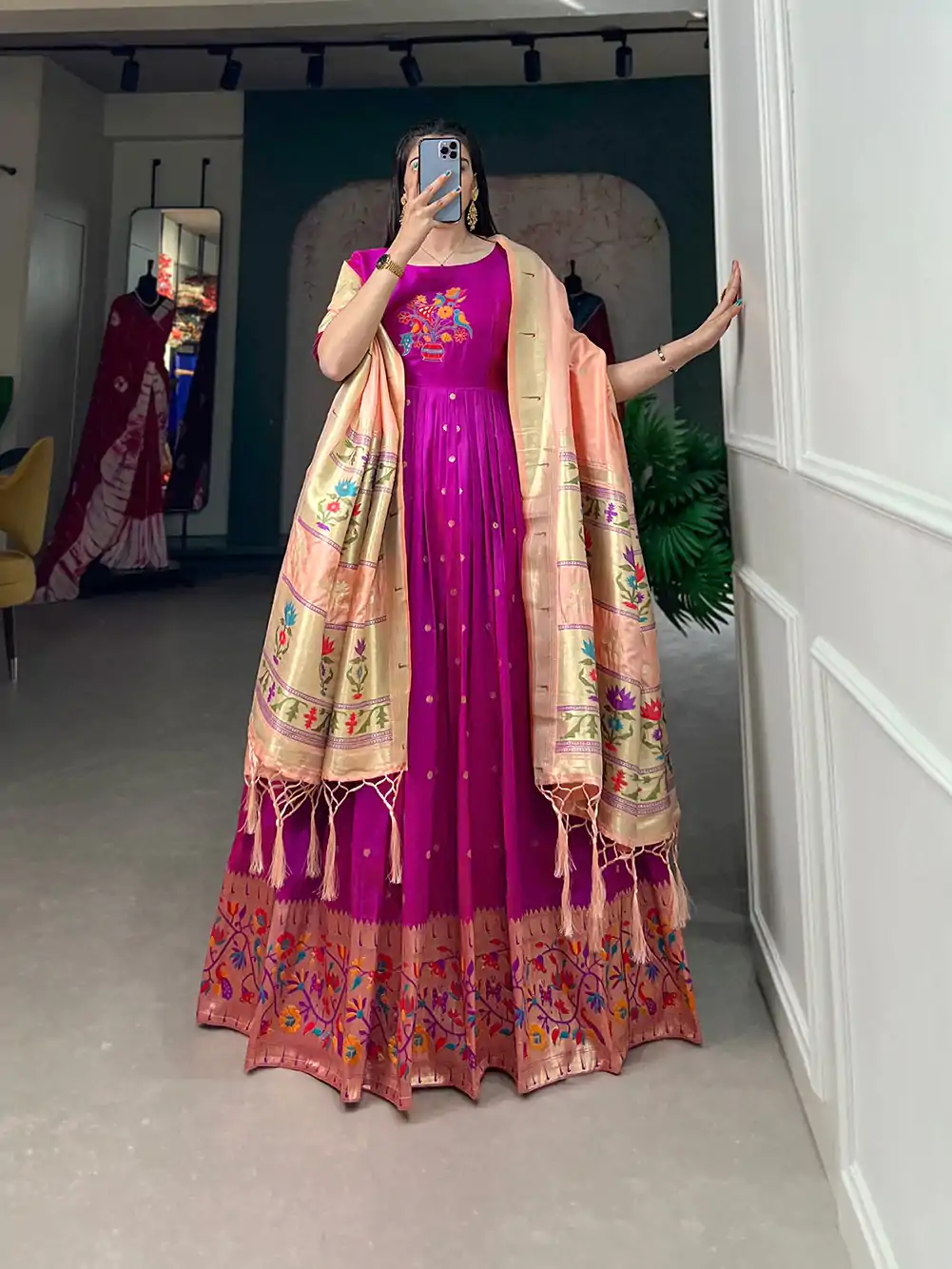 YNF 5302 Purple Color Jacquard Silk Paithani Designer Gown Casual, Wedding Festive, Events, Designer Party Wear Expected Delivery 4-6 Working Days @2549 | Gowns, Bollywood Gowns, Creative Gowns, Designer Gowns, Embroidered Gowns, Party Wear Gowns