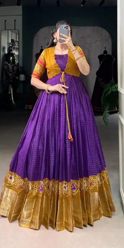 YNF 5028 Purple Color Tasar Chex Patola With Weaving Work Border Gown Casual, Wedding, Festive, Events . Expected Delivery  4-6 Working Days @1799/- only      | Gowns, Bollywood Gowns, Creative Gowns, Designer Gowns, Embroidered Gowns, Party Wear Gowns