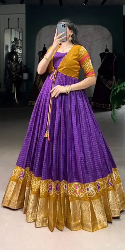 YNF 5028 Purple Color Tasar Chex Patola With Weaving Work Border Gown Casual, Wedding, Festive, Events . Expected Delivery  4-6 Working Days @1799/- only      | Gowns, Bollywood Gowns, Creative Gowns, Designer Gowns, Embroidered Gowns, Party Wear Gowns
