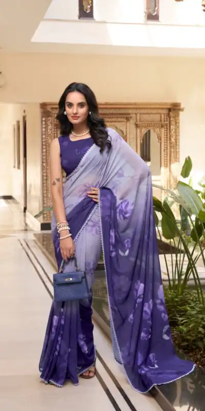 YNF 7038 Purple Color Weightless Marbal Floral Printed Lace Border Saree Casual, Wedding, Festive, Events . Expected Delivery  4-6 Working Days @1549/- only                                                                                | Sarees, Bollywood Sarees, Creative Sarees, Designer Sarees, Embroidered Sarees, Ethnic Saree, Modern Digital sarees, Party Wear Sarees