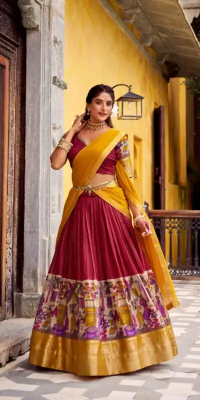 LNB 1242 Red Color Poly Chanderi Kalamkari Printed Zari Weaving Work Lehenga Choli Wedding, Party, Festive, Events Etc. Delivery 4-6 Working Days Rs 1899 | Lehenga, Bollywood Lehenga, Creative Lehenga, Designer Lehenga, Embroidered Lehenga, Party Wear Lehenga