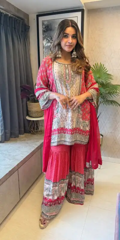 BE 387 Red Color Chinon Printed With Real Mirror Work Salwar Suit Casual, Wedding, Festive, Events . Expected Delivery  4-6 Working Days @1899/- only      | Jump Suits, Salwar suit, Designer Suits, Casual Suits, Creative suits, Palazzo Suits, Party Wear Suits, Patiala Suits, Straight Suits