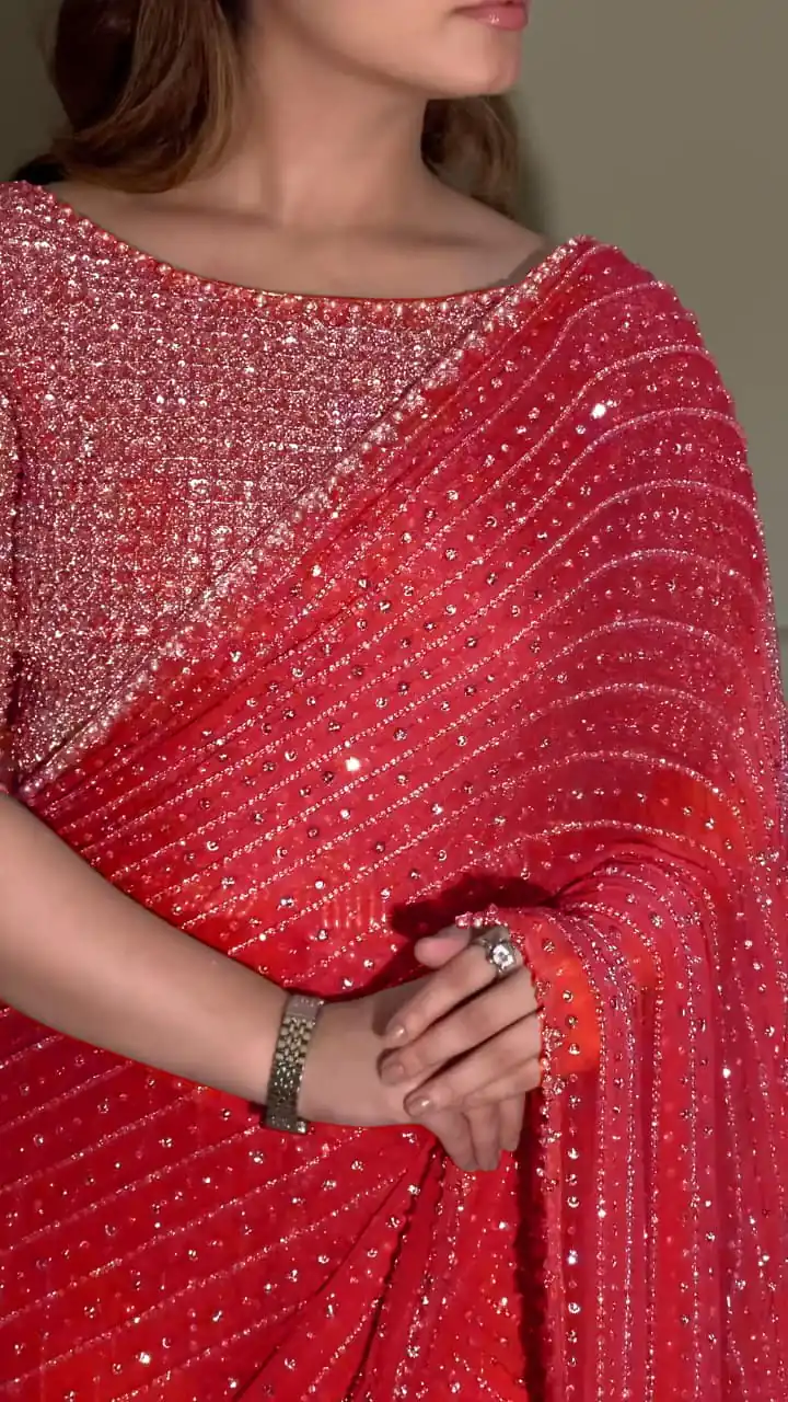 YNF 3452 -DF 3452 Red Color Georgette Sequins Multy Embroidery Work Saree Casual, Wedding, Festive, Events . Expected Delivery  4-6 Working Days @1799/- only                                                                                | Sarees, Bollywood Sarees, Creative Sarees, Designer Sarees, Embroidered Sarees, Ethnic Saree, Modern Digital sarees, Party Wear Sarees