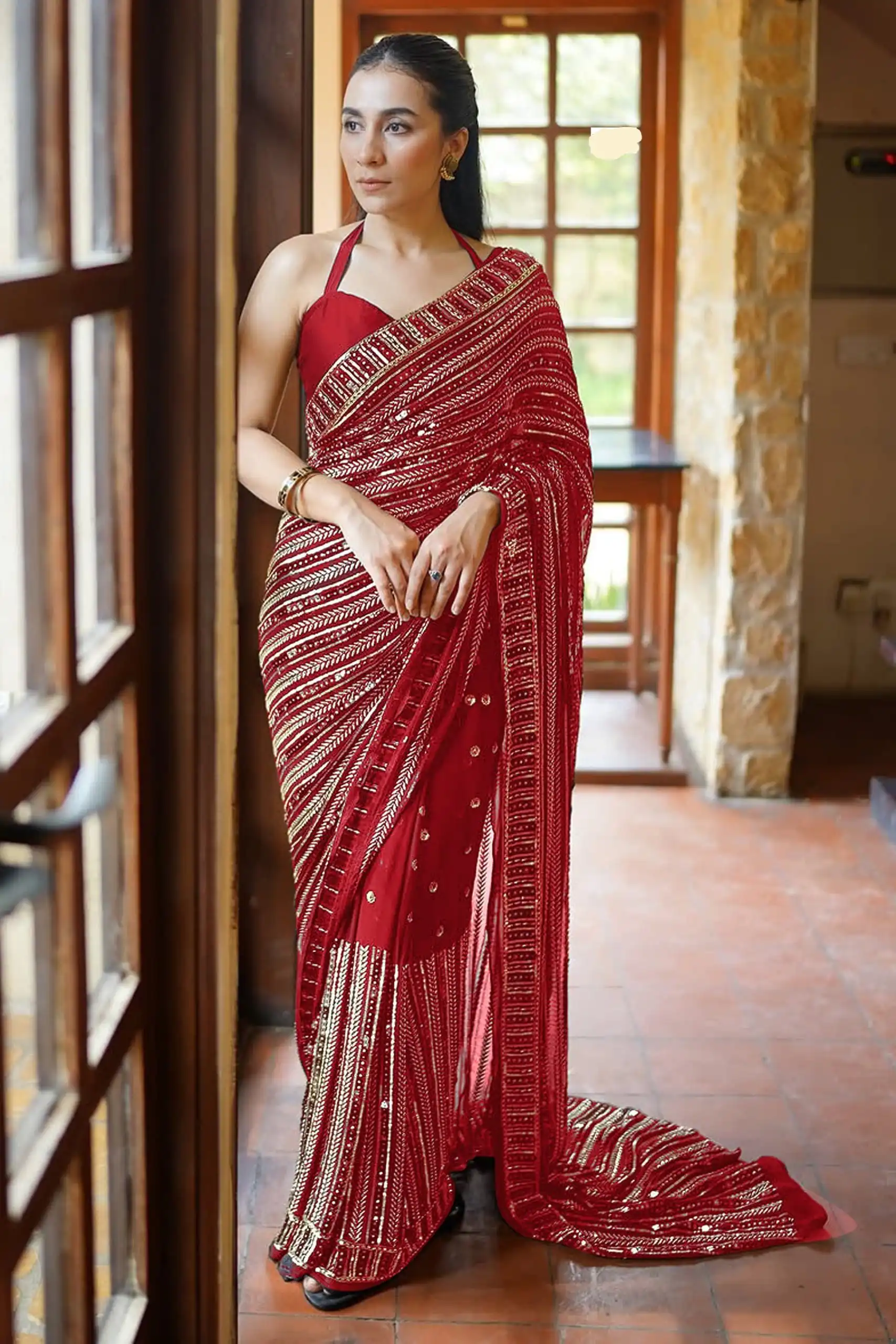 DF 3451 Red Color Faux Georgette 5mm Sequence Embroidery Work Saree Casual, Wedding, Festive, Events . Expected Delivery  4-6 Working Days @1799/- only                                                 | Sarees, Bollywood Sarees, Creative Sarees, Designer Sarees, Embroidered Sarees, Ethnic Saree, Modern Digital sarees, Party Wear Sarees