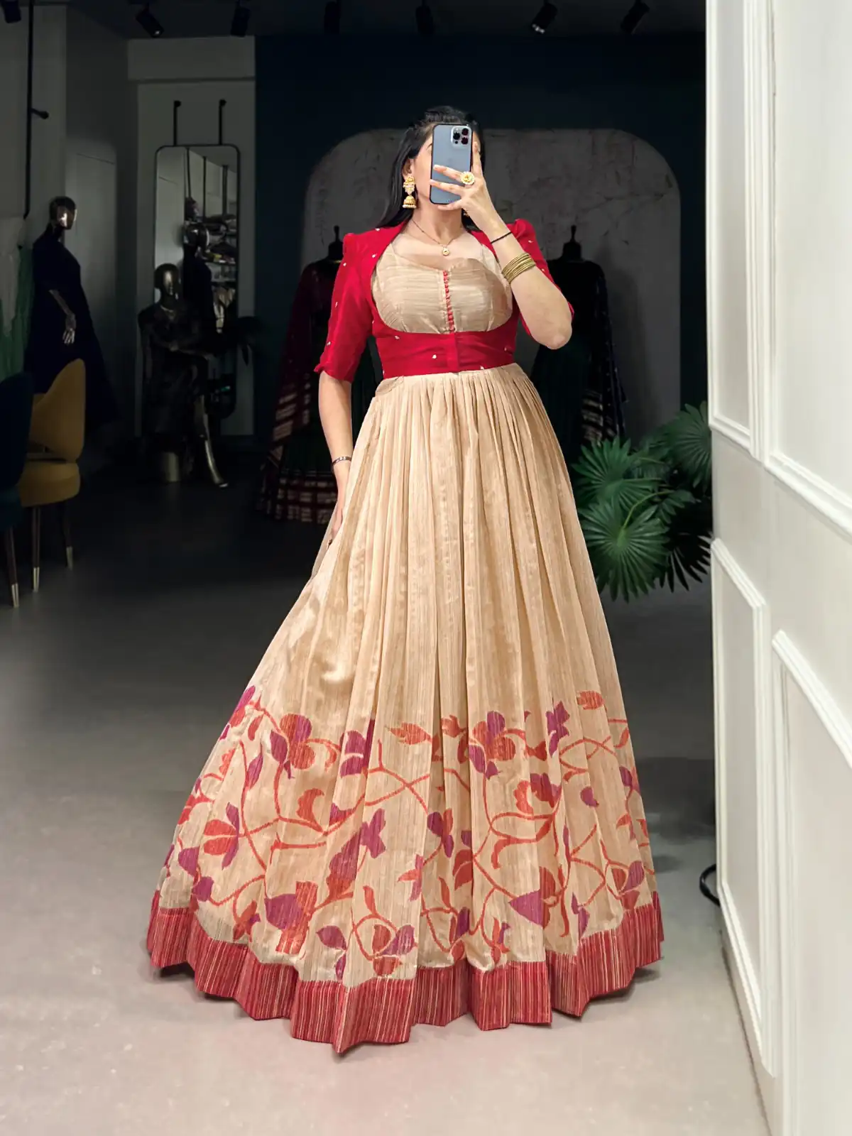 YNF 5027 Red Color Green Silk Printed Gown Casual, Wedding, Festive, Events . Expected Delivery  4-6 Working Days @1799/- only      | Gowns, Bollywood Gowns, Creative Gowns, Designer Gowns, Embroidered Gowns, Party Wear Gowns