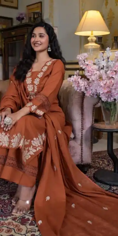 BE 385 Rust Color Rayon Slub Cotton Embroidery Wor Salwar Suit Casual, Wedding, Festive, Events . Expected Delivery  4-6 Working Days @1899/- only      | Jump Suits, Salwar suit, Designer Suits, Casual Suits, Creative suits, Palazzo Suits, Party Wear Suits, Patiala Suits, Straight Suits