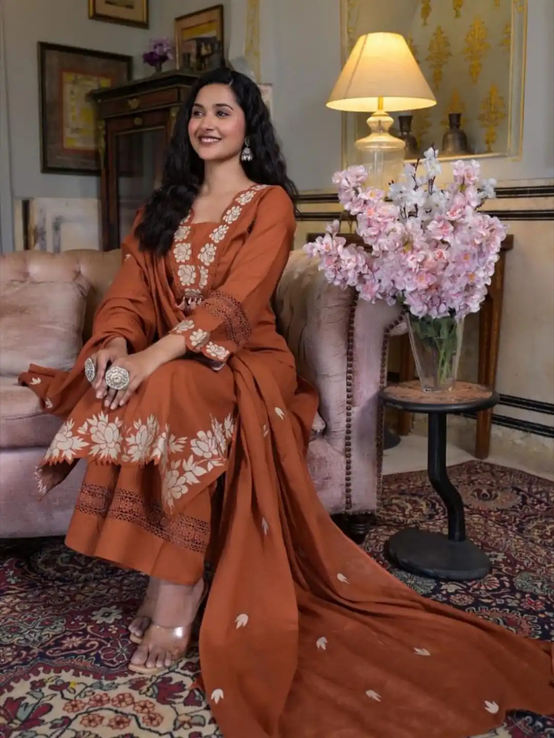 BE 385 Rust Color Rayon Slub Cotton Embroidery Wor Salwar Suit Casual, Wedding, Festive, Events . Expected Delivery  4-6 Working Days @1899/- only      | Jump Suits, Salwar suit, Designer Suits, Casual Suits, Creative suits, Palazzo Suits, Party Wear Suits, Patiala Suits, Straight Suits