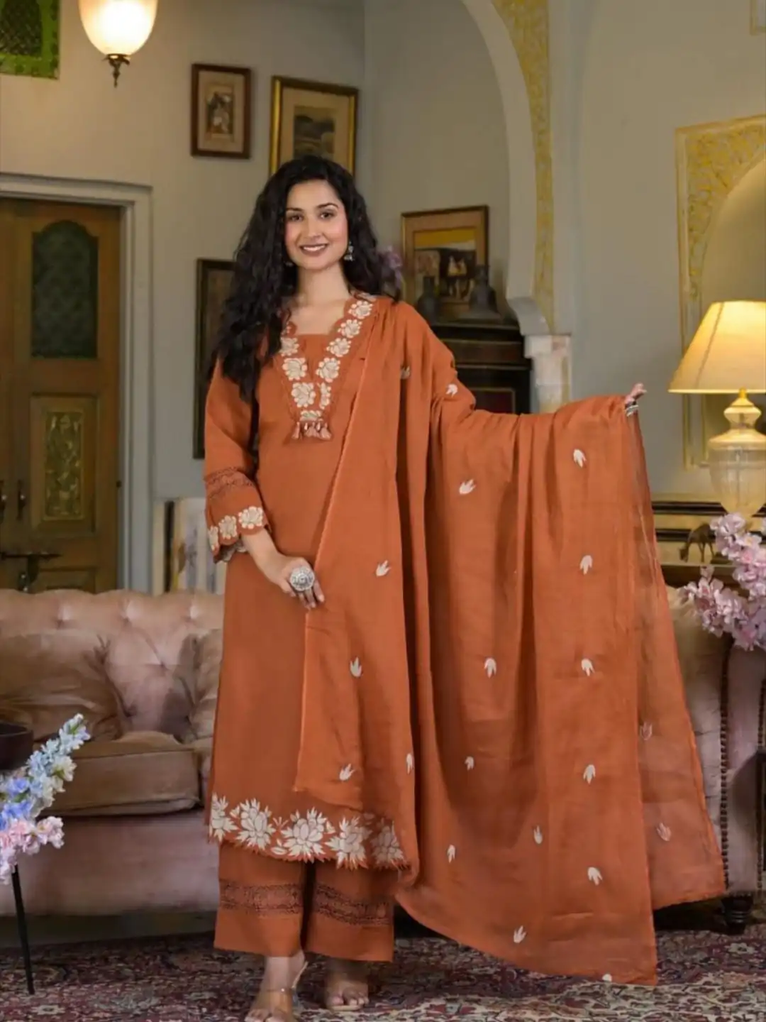 BE 385 Rust Color Rayon Slub Cotton Embroidery Wor Salwar Suit Casual, Wedding, Festive, Events . Expected Delivery  4-6 Working Days @1899/- only      | Jump Suits, Salwar suit, Designer Suits, Casual Suits, Creative suits, Palazzo Suits, Party Wear Suits, Patiala Suits, Straight Suits