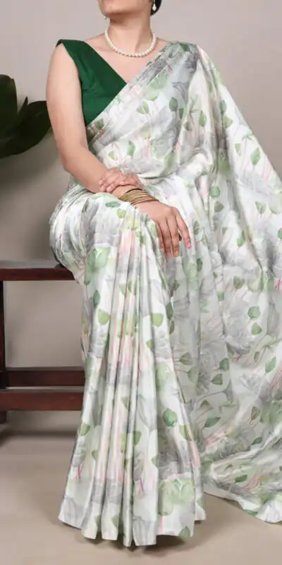 YNF 7054 Sea Green Color Satin Silk Floral Printed Saree Casual, Wedding, Festive, Events . Expected Delivery  4-6 Working Days @1549/- only                                                                                | Sarees, Bollywood Sarees, Creative Sarees, Designer Sarees, Embroidered Sarees, Ethnic Saree, Modern Digital sarees, Party Wear Sarees