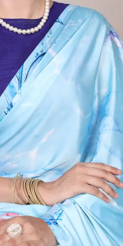 YNF 7054 Sky Blue Color Satin Silk Floral Printed Saree Casual, Wedding, Festive, Events . Expected Delivery  4-6 Working Days @1549/- only                                                                                | Sarees, Bollywood Sarees, Creative Sarees, Designer Sarees, Embroidered Sarees, Ethnic Saree, Modern Digital sarees, Party Wear Sarees