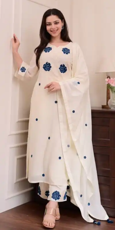 BE 382 White Color Roman Silk Embroidery Work Salwar Suit Casual, Wedding, Festive, Events . Expected Delivery  4-6 Working Days @1949/- only      | Jump Suits, Tops & Bottoms, Track Suits, Trendy Wear, Salwar suit, Designer Suits, Casual Suits, Creative suits, Palazzo Suits, Party Wear Suits, Patiala Suits, Straight Suits