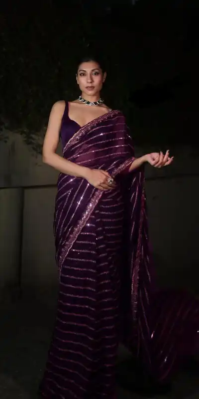 DF 3393 Wine Color Georgette 5MM Sequins Embroidery Work Saree Casual, Wedding, Festive, Events . Expected Delivery  4-6 Working Days @1799/- only                                                 | Sarees, Bollywood Sarees, Creative Sarees, Designer Sarees, Embroidered Sarees, Ethnic Saree, Modern Digital sarees, Party Wear Sarees