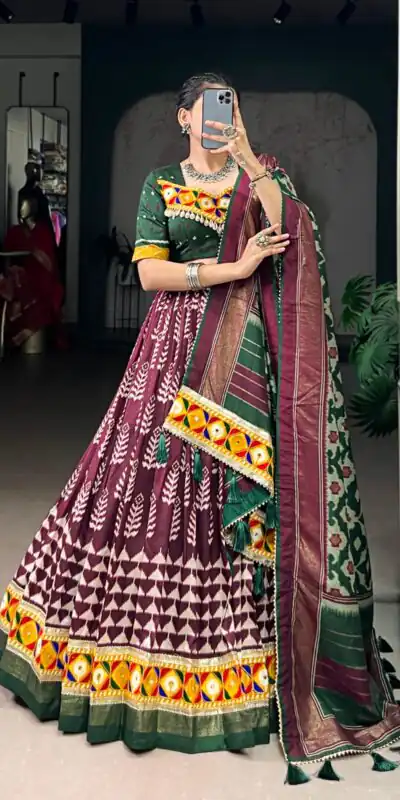 LNB 1732 Wine Color Tasar Silk Print Foil Work Real Mirror Gamthi Work Lehenga Choli Wedding, Party, Festive, Events Etc. Delivery 4-6 Working Days Rs 2999 | Lehenga, Bollywood Lehenga, Creative Lehenga, Designer Lehenga, Embroidered Lehenga, Party Wear Lehenga