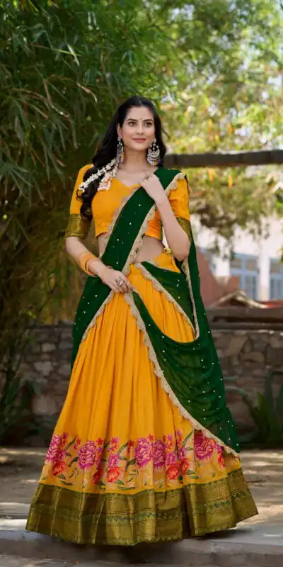 LNB1518 Yellow Color Cotton Silk Thread Embroidery Work Lehenga Choli Wedding, Party, Festive, Events Etc. Delivery 4-6 Working Days Rs 2999 | Lehenga, Bollywood Lehenga, Creative Lehenga, Designer Lehenga, Embroidered Lehenga, Party Wear Lehenga