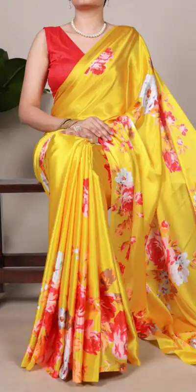 YNF 7054 Yellow Color Satin Silk Floral Printed Saree Casual, Wedding, Festive, Events . Expected Delivery  4-6 Working Days @1549/- only                                                                                | Sarees, Bollywood Sarees, Creative Sarees, Designer Sarees, Embroidered Sarees, Ethnic Saree, Modern Digital sarees, Party Wear Sarees