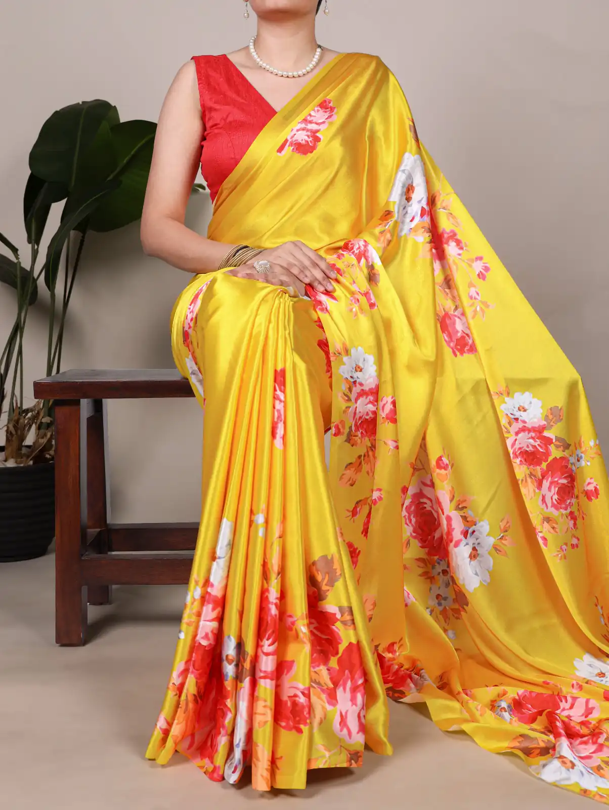 YNF 7054 Yellow Color Satin Silk Floral Printed Saree Casual, Wedding, Festive, Events . Expected Delivery  4-6 Working Days @1549/- only                                                                                | Sarees, Bollywood Sarees, Creative Sarees, Designer Sarees, Embroidered Sarees, Ethnic Saree, Modern Digital sarees, Party Wear Sarees