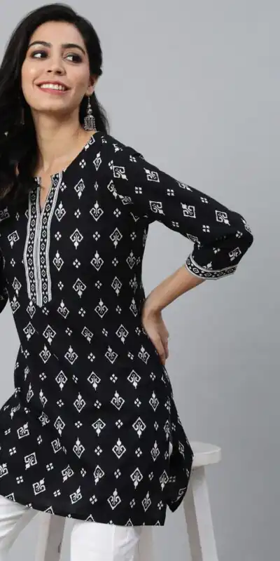 INLI Blush 2.0 Black Cotton Printed Designer Work Kurti in . Wedding, Party, Festive, Events, Special Price ₹1269. Delivery 4-6 Working Days. Shop now. | Kurti, Bollywood Kurti, Creative Kurtis, Designer Kurti, Party Wear Kurti, Selfie Kurti