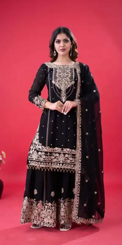 Black Faux Georgette With Lace Work Salwar Suit