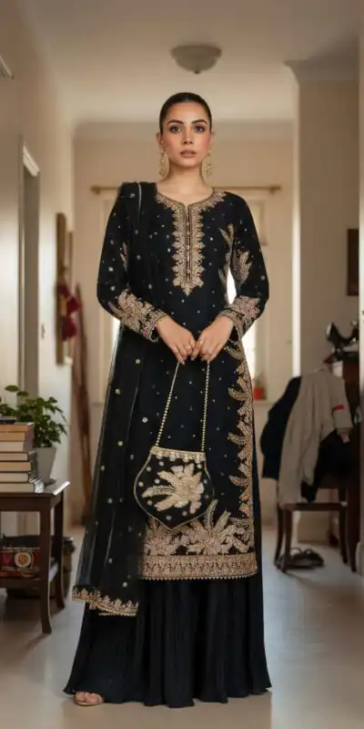 KF 1705 Black Fuax Georgette With Embroidery Work Salwar Suit . Wedding, Party, Festive, Events, Deal ₹2049. Delivery 4-6 Working Days. Shop now. | Jump Suits, Tops & Bottoms, Track Suits, Trendy Wear, Salwar suit, Designer Suits, Casual Suits, Creative suits, Palazzo Suits, Party Wear Suits, Patiala Suits, Straight Suits