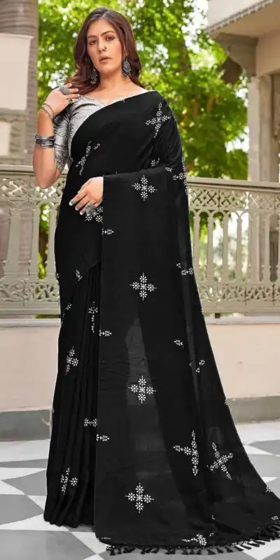BT 1104 Black Natural silk with Thread Embroidery & Embroidery Work Saree . Now at just ₹1549. Delivery 4-6 Working Days. Shop now. | Sarees, Bollywood Sarees, Creative Sarees, Designer Sarees, Embroidered Sarees, Ethnic Saree, Modern Digital sarees, Party Wear Sarees