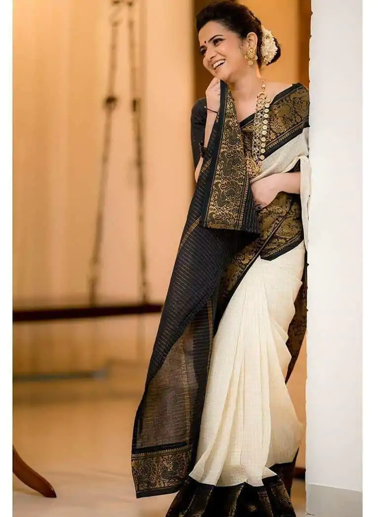 KP 3025 Black Soft Lichi Silk Saree Perfect for Wedding, Party, Baby Shower, Onam, Durga Puja . Available at ₹1449 only. Delivery 4-6 Working Days. | Sarees, Bollywood Sarees, Creative Sarees, Designer Sarees, Embroidered Sarees, Ethnic Saree, Modern Digital sarees, Party Wear Sarees