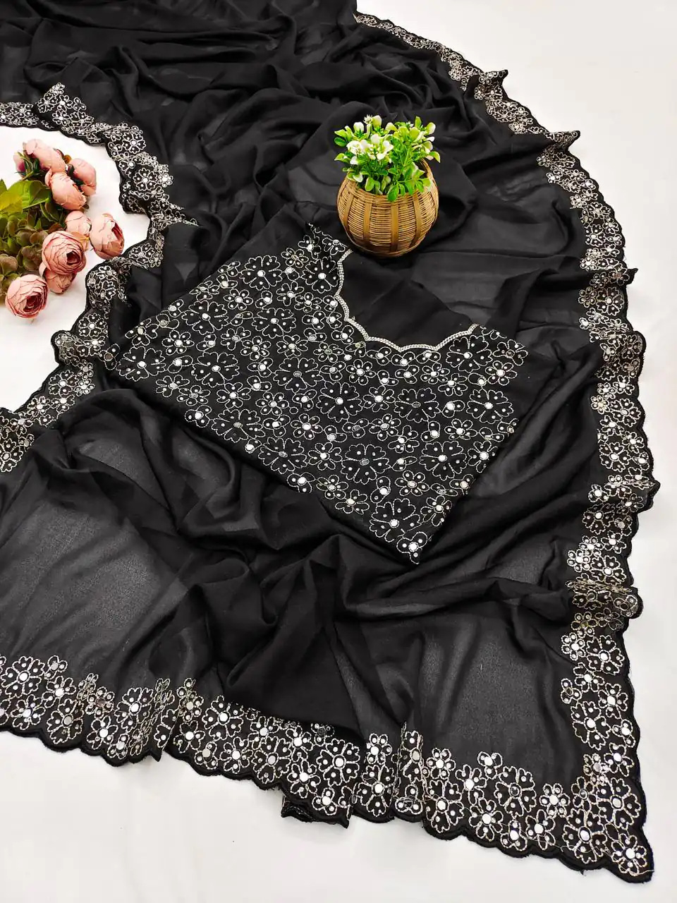 BT 12 Black Soft Star Georgette Silk with Embroidery Work & Mirror Work Saree . Exclusive Offer ₹1999. Delivery 4-6 Working Days. Shop now. | Sarees, Bollywood Sarees, Creative Sarees, Designer Sarees, Embroidered Sarees, Ethnic Saree, Modern Digital sarees, Party Wear Sarees