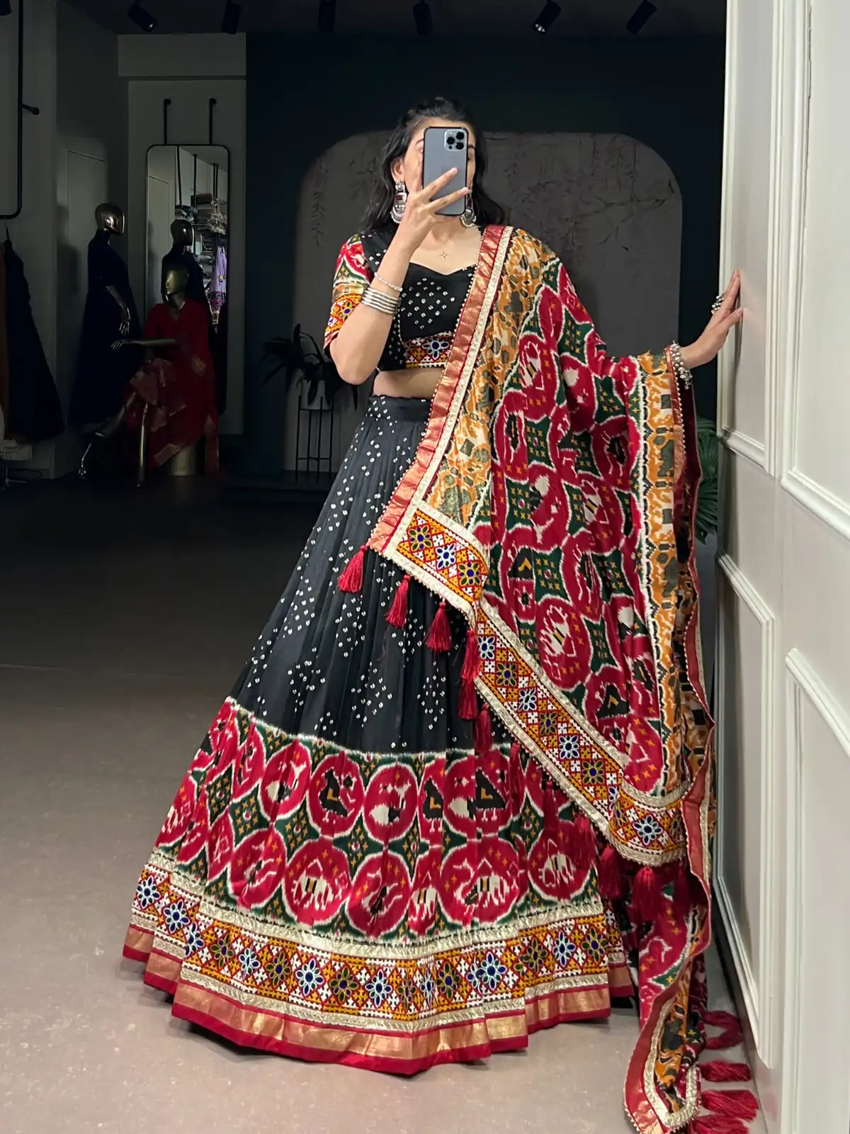 LNB 1734 Black Tasar Silk Gamthi Work With MirrorWork Lehenga Choli Introductory Price ₹2999. Delivery 4-6 Working Days. Shop now. | Lehenga, Bollywood Lehenga, Creative Lehenga, Designer Lehenga, Embroidered Lehenga, Party Wear Lehenga