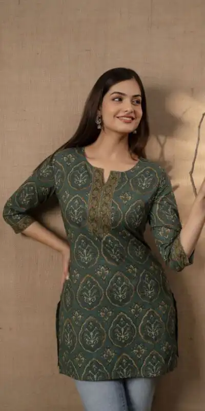 INLI Blush 2.0 Bottle Green Cotton Printed Designer Work Kurti in Wedding, Party, Festive, Events, Special Price ₹1269. Delivery 4-6 Working Days. Shop now. | Kurti, Bollywood Kurti, Creative Kurtis, Designer Kurti, Party Wear Kurti, Selfie Kurti