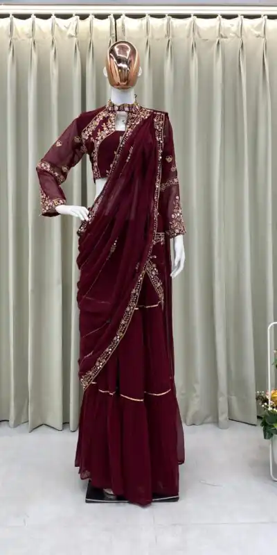 BE 280 Brown Georgette Lehenga Saree Perfect for Wedding, Party, Cultural Events, Housewarming, Ganesh Chaturthi . Affordable Price ₹2399. Delivery 4- | Lehenga, Bollywood Lehenga, Creative Lehenga, Designer Lehenga, Embroidered Lehenga, Party Wear Lehenga