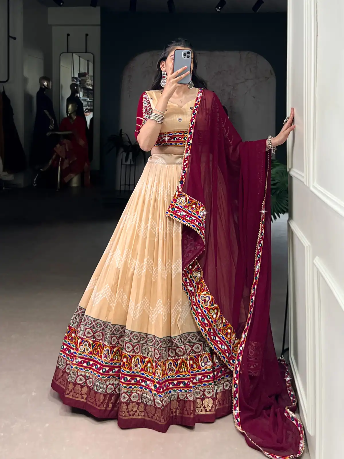 LNB 1727 Cream Tasar Silk With Gamthi Work & Mirror Work. Get it for Lehenga Choli ₹2999. Delivery 4-6 Working Days. Shop now. | Lehenga, Bollywood Lehenga, Creative Lehenga, Designer Lehenga, Embroidered Lehenga, Party Wear Lehenga