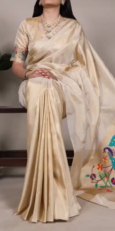 Cream Tissue Paithani With Zari Work Saree