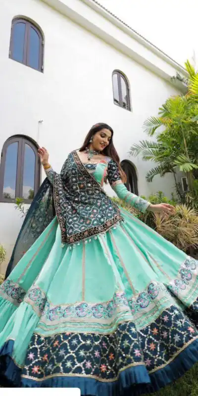 Firozi Silk Cowrie Work Embroidery Lehenga Choli