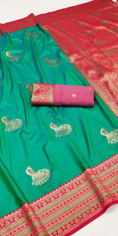 Firozi Soft Silk Zari Lace Work Saree