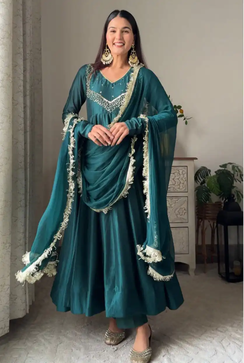 VLM 238 Firozi in Star Georgette. Lace Work Gown Wedding, Party, Festive, Events at ₹1999 only. Delivery 4-6 Working Days. Shop now. | Gowns, Bollywood Gowns, Creative Gowns, Designer Gowns, Embroidered Gowns, Party Wear Gowns
