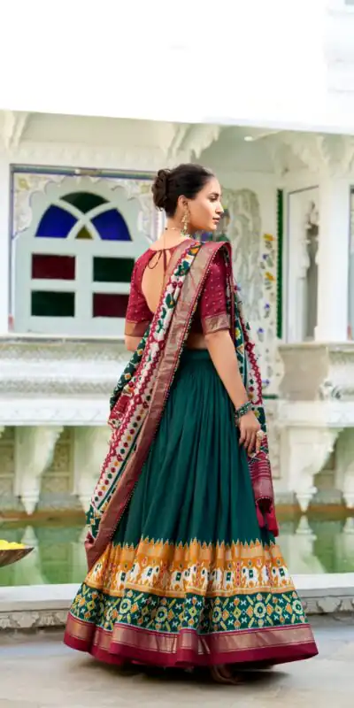 LNB 1680 Green Tasar Silk Patola Print & Gotta Patti Work Lehenga Choli in . Special Price ₹2449. Delivery 4-6 Working Days. Shop now. | Lehenga, Bollywood Lehenga, Creative Lehenga, Designer Lehenga, Embroidered Lehenga, Party Wear Lehenga