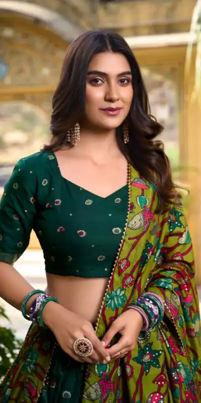 LNB 1219 Green Tasar Silk With Gotta Patti Work & Kalamkari Print Lehenga Choli . Best Price ₹2449. Delivery 4-6 Working Days. Shop now. | Lehenga, Bollywood Lehenga, Creative Lehenga, Designer Lehenga, Embroidered Lehenga, Party Wear Lehenga