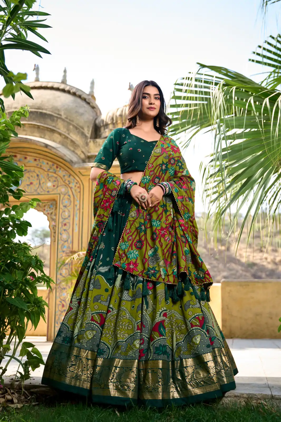 LNB 1219 Green Tasar Silk With Gotta Patti Work & Kalamkari Print Lehenga Choli . Best Price ₹2449. Delivery 4-6 Working Days. Shop now. | Lehenga, Bollywood Lehenga, Creative Lehenga, Designer Lehenga, Embroidered Lehenga, Party Wear Lehenga