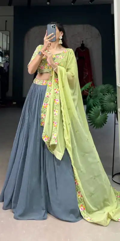 LNB 1402 Grey Georgette Sequins Work & Embroidery Work Lehenga Choli in . Introductory Price ₹2399. Delivery 4-6 Working Days. Shop now. | Lehenga, Bollywood Lehenga, Creative Lehenga, Designer Lehenga, Embroidered Lehenga, Party Wear Lehenga