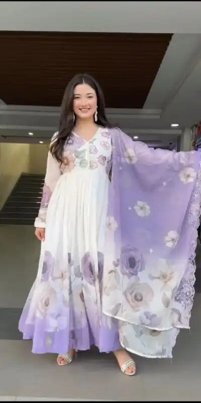 SR 1686 Lavender Faux Georgette With Embroidery Sequence Work With Fully Flair Gown Perfect for Wedding, Party, 4-6 Working Days At 2049 Only | Gowns, Bollywood Gowns, Creative Gowns, Designer Gowns, Embroidered Gowns, Party Wear Gowns