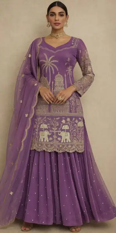 Lavender Twill Net With Embroidery Work Salwar Suit