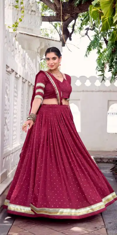 LNB 1664 Maroon Pure Chanderi Lehenga Choli Perfect for Wedding, Party, Family Gatherings, Festival Celebrations, Grab it for ₹2999. Delivery 4-6 Days | Lehenga, Bollywood Lehenga, Creative Lehenga, Designer Lehenga, Embroidered Lehenga, Party Wear Lehenga