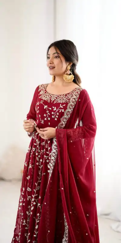 SRK 5299 Maroon Faux Georgette With Sequence Work Perfect for Wedding, Party, Temple Visit, Ganesh Chaturthi Festive, Events, 4-6 Working Days At 2149 | Gowns, Bollywood Gowns, Creative Gowns, Designer Gowns, Embroidered Gowns, Party Wear Gowns