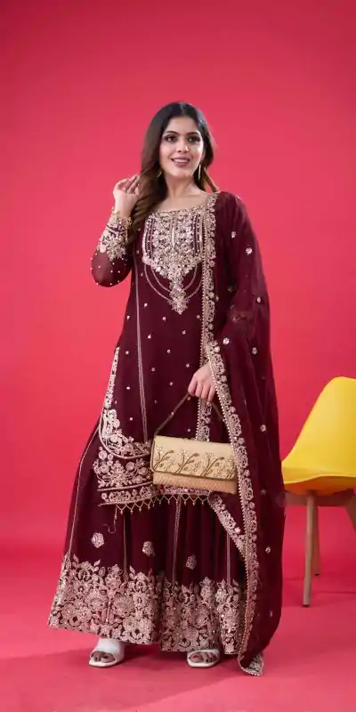 SR 1688 Maroon Faux Georgette with Lace Work & Embroidery Work. Salwar Suit Introductory Price ₹1949. Delivery 4-6 Working Days. Shop now. | Jump Suits, Salwar suit, Designer Suits, Casual Suits, Creative suits, Palazzo Suits, Party Wear Suits, Patiala Suits, Straight Suits