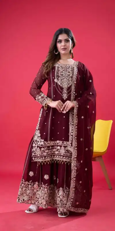 SR 1688 Maroon Faux Georgette with Lace Work & Embroidery Work. Salwar Suit Introductory Price ₹1949. Delivery 4-6 Working Days. Shop now. | Jump Suits, Salwar suit, Designer Suits, Casual Suits, Creative suits, Palazzo Suits, Party Wear Suits, Patiala Suits, Straight Suits